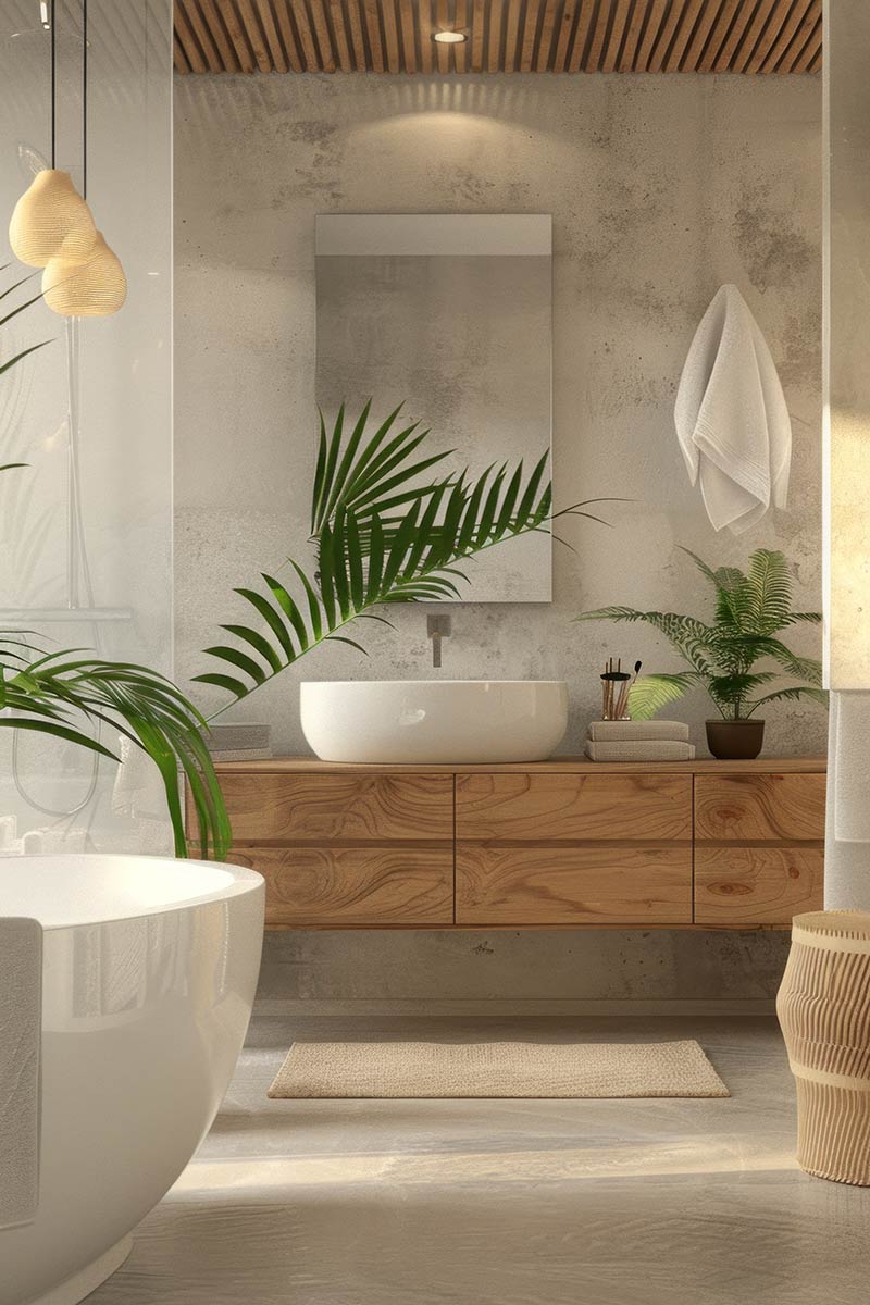 Modern, organic-style bathroom renovation with a custom wood floating vanity, white vessel sink, slatted wood ceiling, and textured concrete walls.