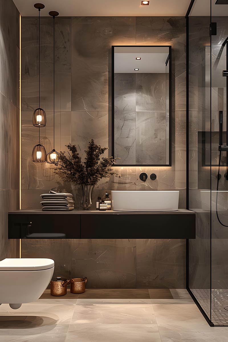 Contemporary bathroom remodel showcasing dark textured tile work, a black floating vanity, a backlit mirror, and industrial wire pendant lighting.