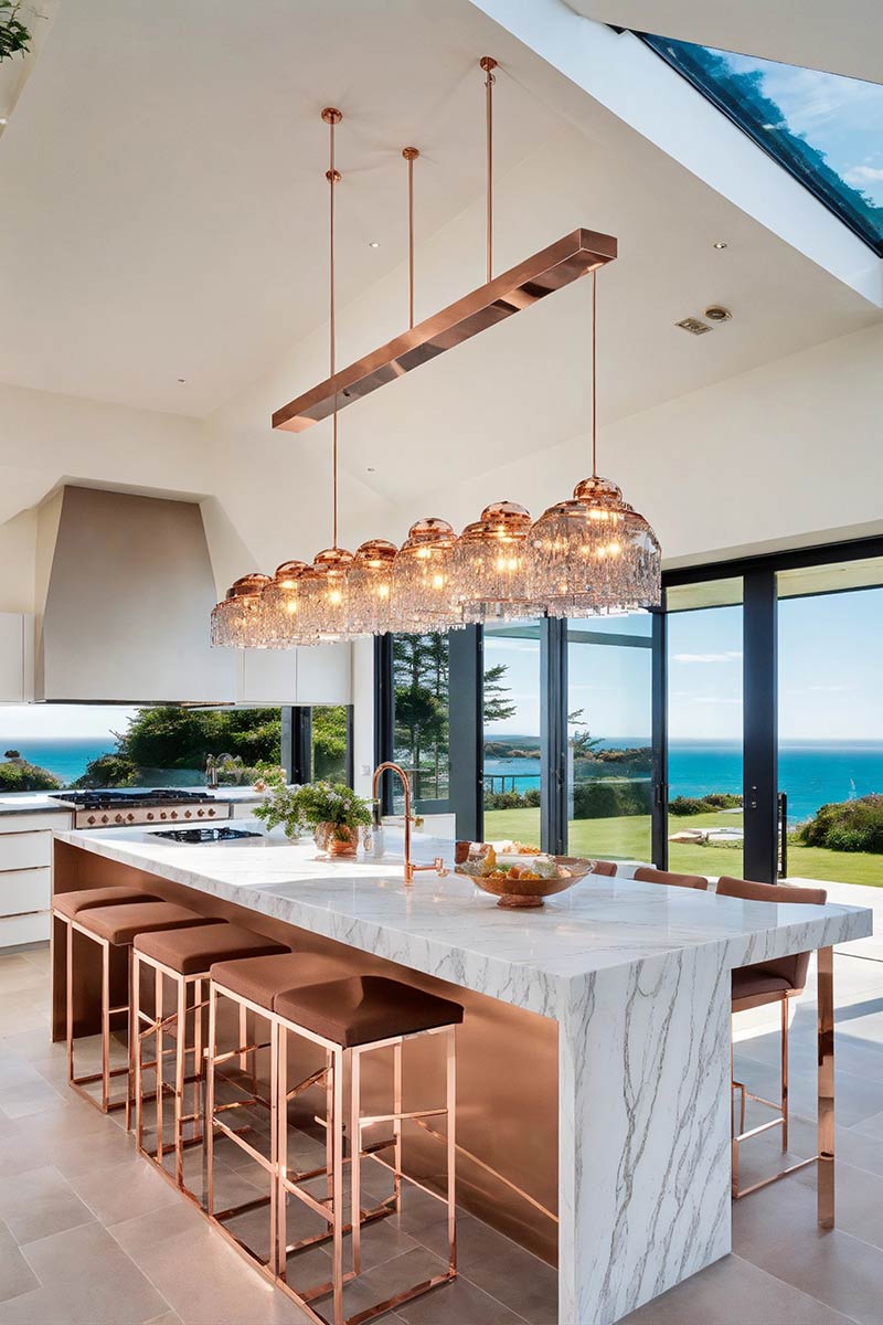 Luxury kitchen remodeling project featuring a white marble island, copper accents, elegant pendant lighting, and large glass doors with an ocean view.