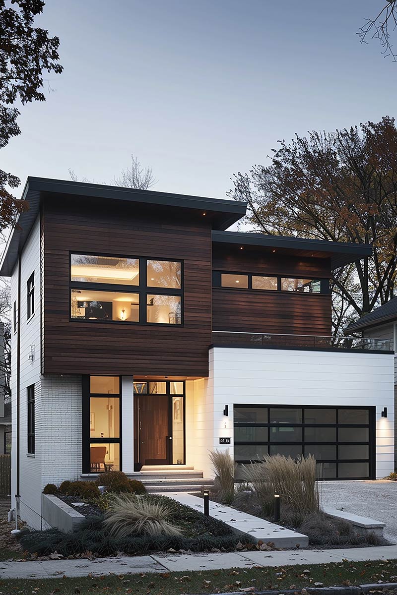 Modern two-story new construction home featuring dark wood siding, white brickwork, large windows, and a modern glass garage door.
