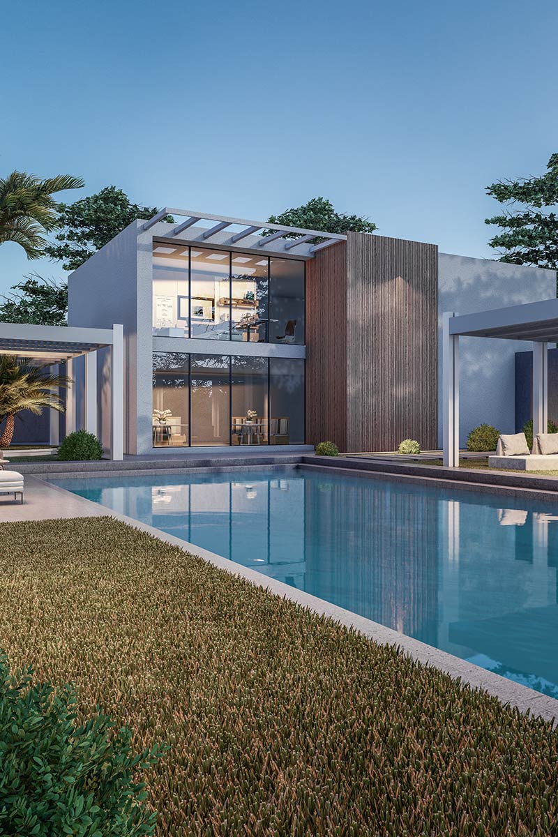Luxury modern home build showcasing a flat roof, floor-to-ceiling glass windows, wood slat exterior accents, and a large custom backyard swimming pool.