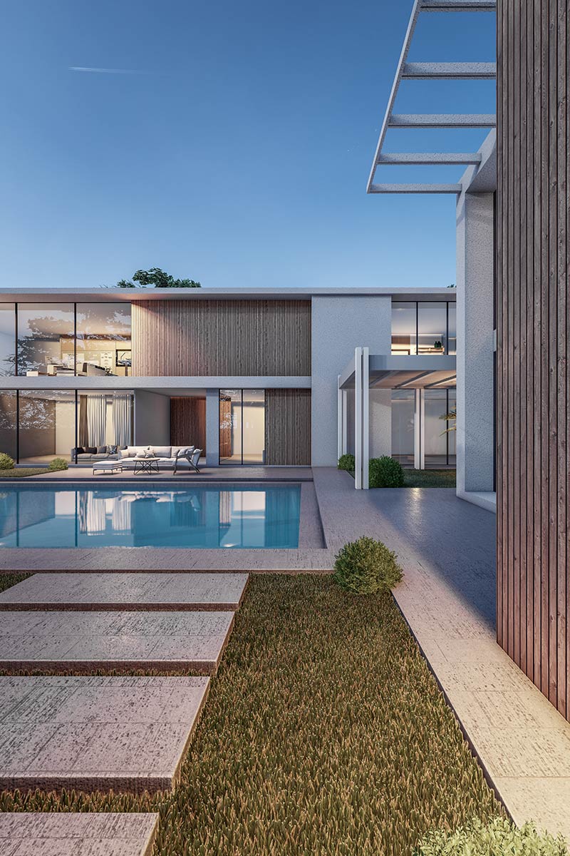 Contemporary exterior home design featuring a custom swimming pool, concrete stepping stone hardscaping, sliding glass walls, and modern wood siding.